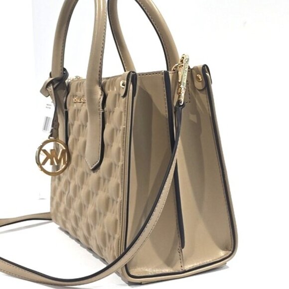 NWT ✅  Michael Kors MAPLE Small MK Embossed Leather Satchel CAMEL (Taupe) ✨NWT - Picture 6 of 14